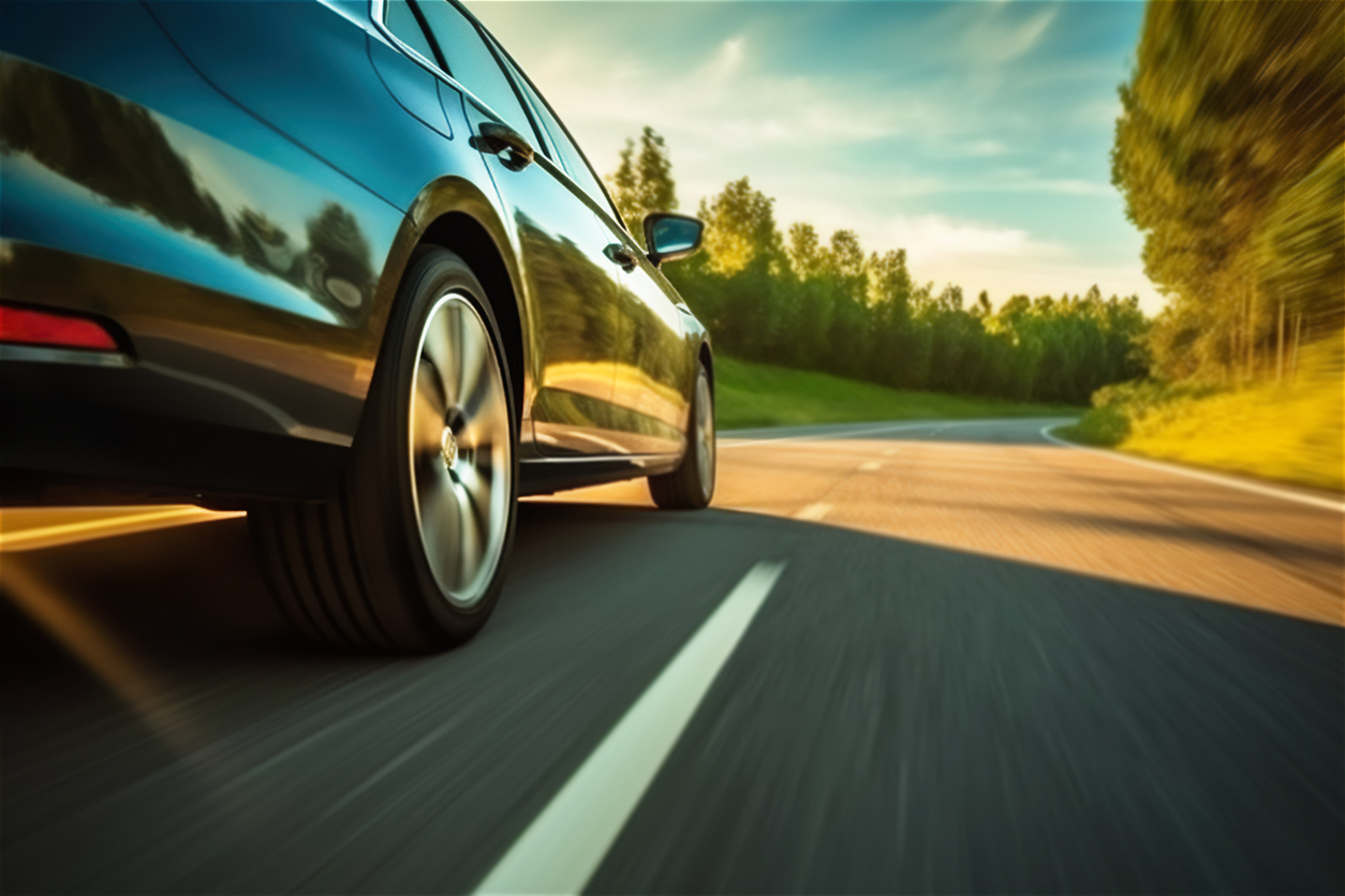 Car driving on a well‑maintained road with visible lane markings. Contextual illustration of driving and auto insurance.