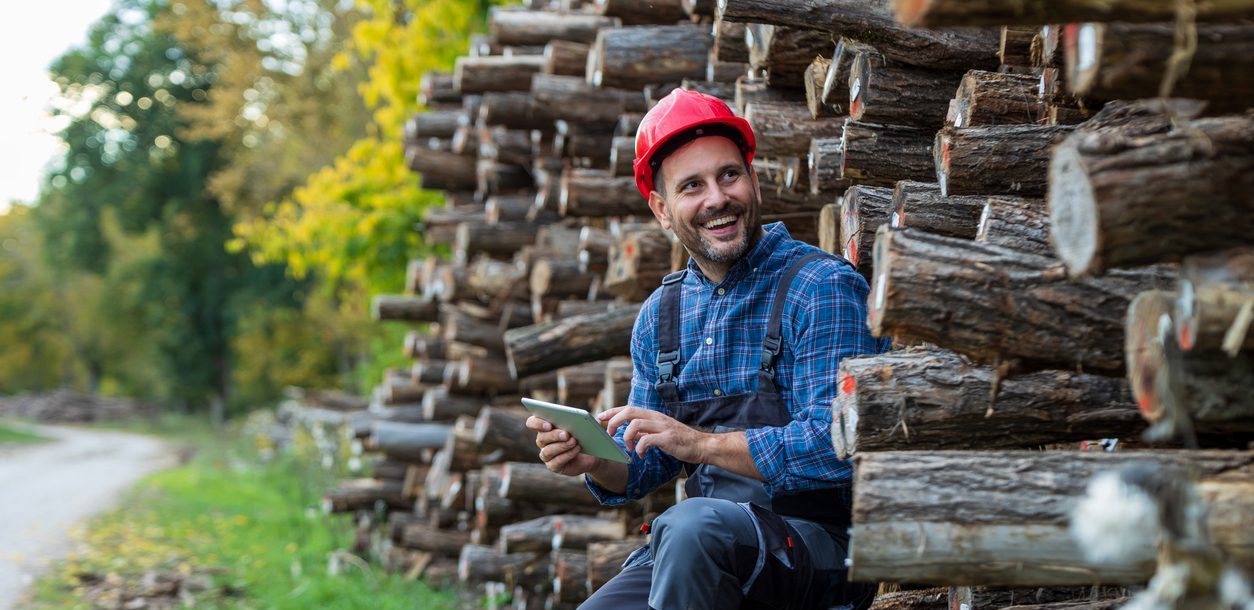 Travailleur en milieu forestier assis devant une pile de troncs de bois, évoquant les risques du métier et les assurances au Québec pour producteurs forestiers.
