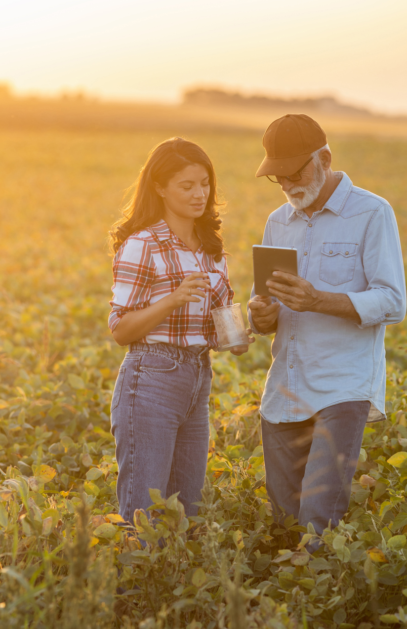 Rencontre professionnelle au cœur d'un champ agricole avec révision de données sur tablette. Assurance sur mesure pour le secteur agricole et forestier.