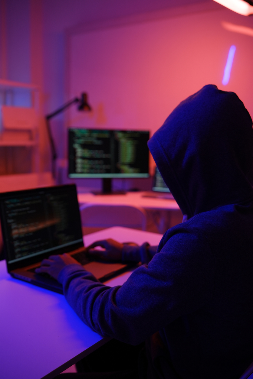 Personne en capuchon et veston noir tapant sur un ordinateur, avec un écran en arrière-plan, illustrant les cyberattaques et l’assurance cyberrisque au Québec.