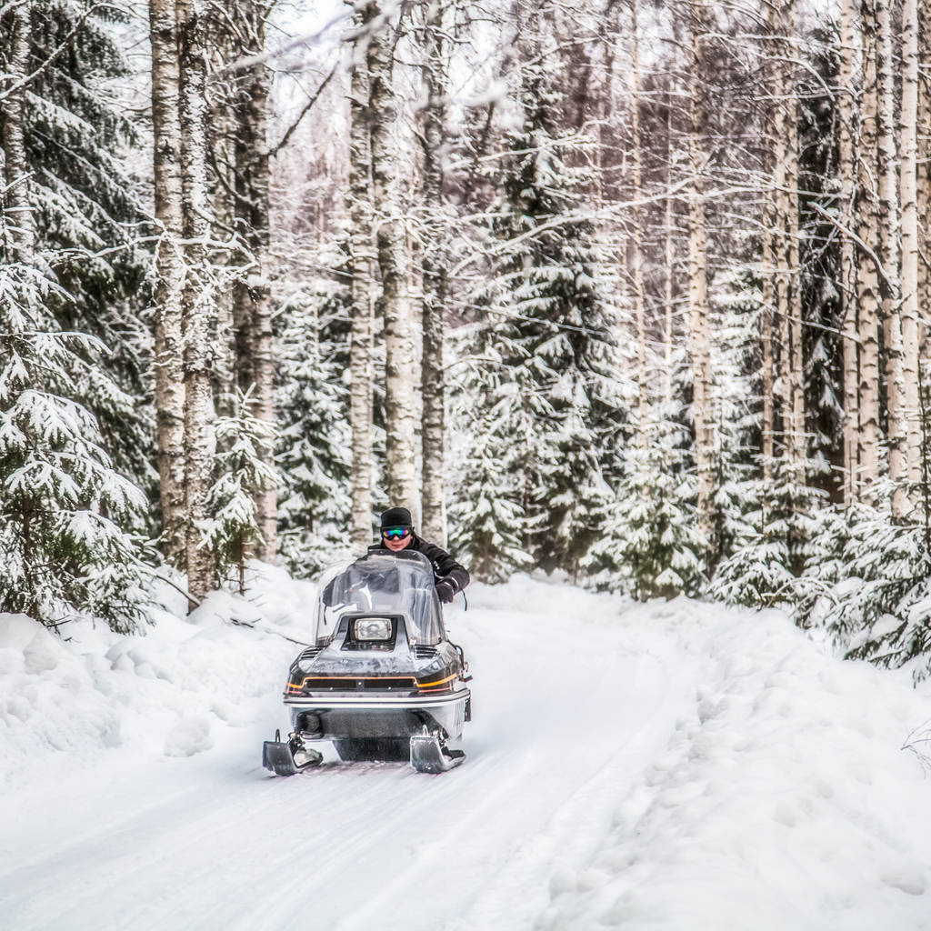 Riding a snowmobile on a snow-covered forest trail in winter. Outdoor activity associated with snowmobile insurance.