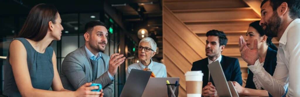 Groupe de cinq personnes réuni autour d’une table dans un environnement professionnel, avec des ordinateurs portables et des cafés, pendant un échange de travail. Groupe de cinq personnes réuni autour d’une table dans un environnement professionnel, avec des ordinateurs portables et des cafés, pendant un échange de travail.